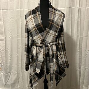 Plus Size Plaid Wrap Coat Women’s Belted Shawl Collar Jacket – Asymmetrical Hem
